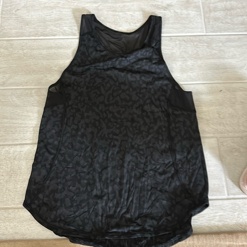 Black and grey animal print Lululemon tank with mesh detail in back
